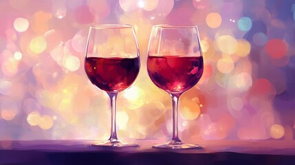 Soft side bokeh glow reflecting on wine glasses, evoking a sophisticated and relaxing ambiance, style book illustration