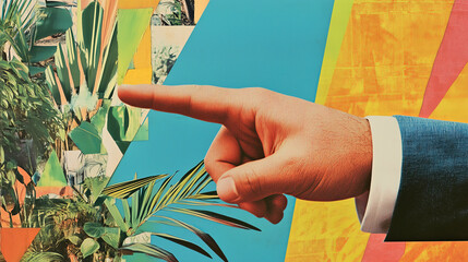 Surreal Collage of Hand Pointing Toward Tropical Plants with Bold Geometric Background
