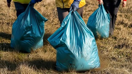 Volunteers carrying large blue garbage bags full of trash after a cleanup.  Video depicts environmental conservation.