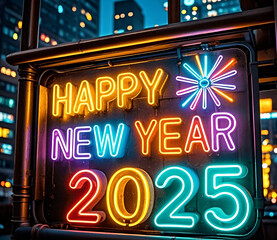 Fototapeta premium Happy New Year 2025 neon lettering.