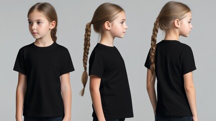 Three views of a girl wearing a plain black t-shirt.