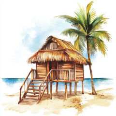 Fototapeta premium tropical hut on beach surrounded by palm trees, evoking summer vibes