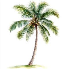 Obraz premium tropical palm tree with coconuts, showcasing vibrant green leaves and curved trunk, evokes serene beach atmosphere