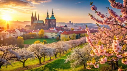 Obraz premium Prague Spring: St. Vitus Cathedral from Petrin Hill Cherry Blossoms