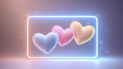 Valentine&rsquo;s Day Neon Light Three colorful hearts in a glowing frame.
