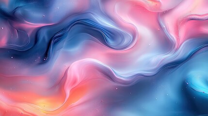 Flowing color patterns in blue and pink create an abstract background, resembling fluid art or textile textures