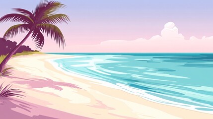 Obraz premium Serene Tropical Beach Sunset, Palm Tree, Ocean, Sand