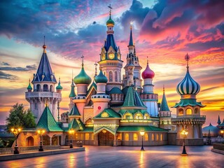 Ethereal Moscow Amusement Park: Dreamlike Architecture at Dusk