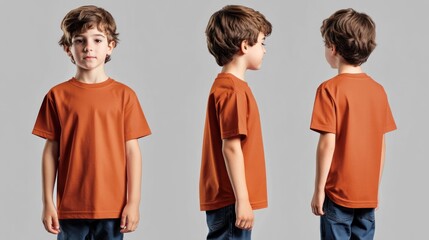 Three views of a young boy wearing a rust-colored t-shirt.