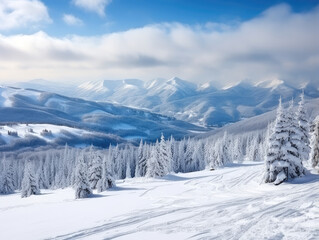 Obraz premium Serene Snow-Covered Landscape with Mountain Backdrop
