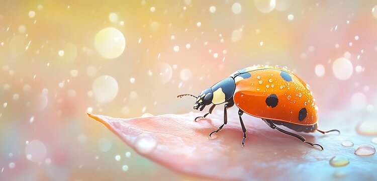 A vivid orange ladybug crawling on a rain-kissed leaf soft pastel tones in the background - Powered by Adobe