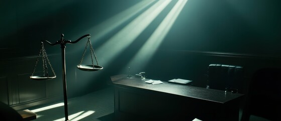 Law restriction Concept. Courtroom illuminated by spotlight shadows