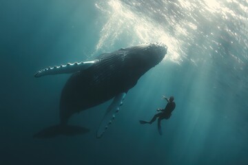 Underwater encounter between humpback whale and snorkeler in sunlight