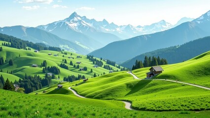 Fototapeta premium Nestled atop a verdant hill, a quaint brown house features a charming slanted roof, harmoniously blending into the lush grassy landscape