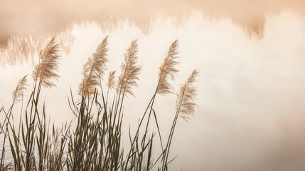 Fototapeta premium Serene Landscape with Tall Reeds by Calm Water Under Soft Morning Light, Evoking Tranquility and Peace in Nature's Embrace