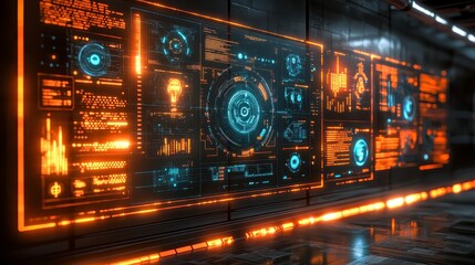 Futuristic Orange and Blue Digital Interface Screens Displaying Data and Information