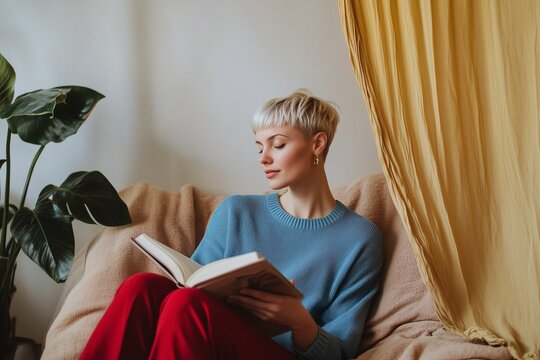 A woman with short blonde hair, wearing a blue sweater and red pants, is sitting on the sofa reading an open book in her hands. Behind her is a plant, with warm colors and a beige wall