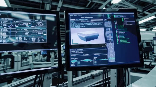 Modern manufacturing setup showcases advanced machinery working efficiently in an industrial facility. Futuristic HUD, FUI, FVX style.