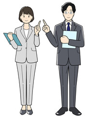 前を向いて説明をするビジネスマンとビジネスウーマン