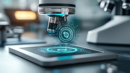 Fototapeta premium Advanced Microscopy Digital Overlay on Tablet Screen Lab Technology Concept