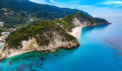 Obraz premium Agios Nikitas Beach and Milos Hidden Beach, on the coast of Lefkada, in the Ionian Islands of Greece