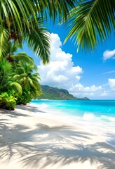 Tropical paradise beach with white sand and palm trees. Crystal clear turquoise ocean water meets mountainous coastline. Summer vacation destination. Caribbean or Pacific island scenery