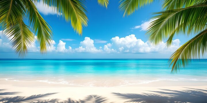 Caribbean beach paradise with palm trees over crystal clear turquoise water. Sandy tropical shore, natural summer landscape. Beach vacation scenic view for travel and tourism