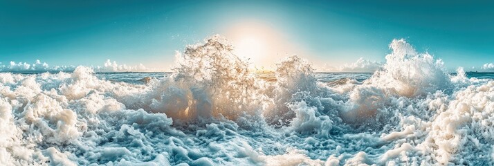 Fototapeta premium Ocean wave sunrise, coastal scene, sea foam