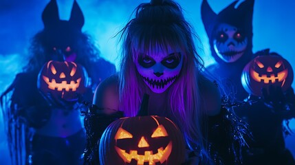 Halloween-themed photo featuring three individuals with painted faces holding glowing jack-o'-lanterns
