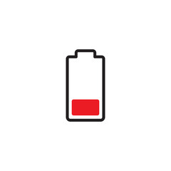 Battery low icon in red for low power warning or charge needed