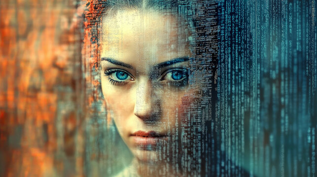 Woman emerging from binary code in digital world
