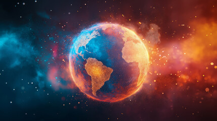 Planet earth burning in space with particles surrounding it