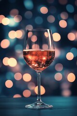 Soft blurred bokeh lights glowing beside elegant wine glasses, creating a romantic and intimate ambiance, style book illustration