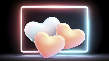 Valentine&rsquo;s Day Neon Light Three colorful hearts in a glowing frame.