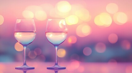 Elegant blurred bokeh lights beside wine glasses creating a romantic atmosphere.