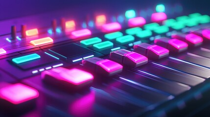 Fototapeta premium Vibrant Neon Music Production Studio Mixer Close Up Illuminated Buttons and Faders