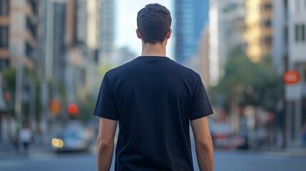Fototapeta premium Close-up of a black t-shirt mockup on a male model, back view, with a blurred street background and cityscape
