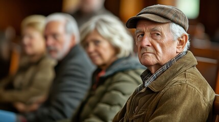 Obraz premium Thoughtful Elderly Man in Cap Senior Citizen in a Crowd Waiting Patiently