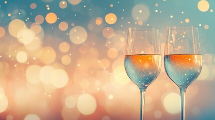 Elegant blurred bokeh lights beside wine glasses creating a romantic atmosphere.
