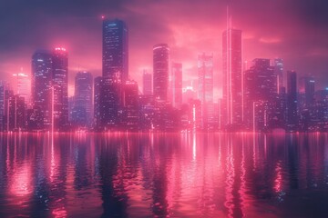 Vibrant urban skyline illuminated by colorful lights reflecting on water during twilight hours