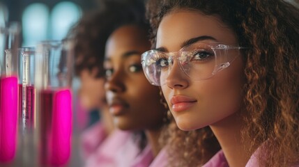 Diverse Female Scientists in Lab Coats Working with Pink Liquids in Test Tubes