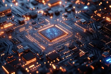 Close-up view of a modern microprocessor on a circuit board illuminated by orange lights at night