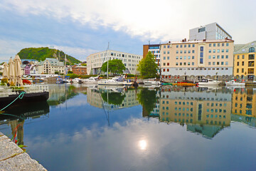 Fototapeta premium Alesund city on a summer day, Norway. View of colorful Art Nouveau architecture port