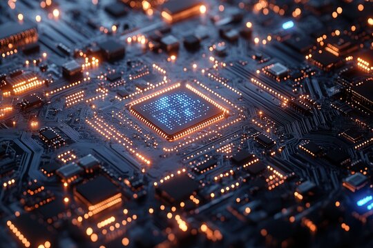 Close-up view of a modern microprocessor on a circuit board illuminated by orange lights at night