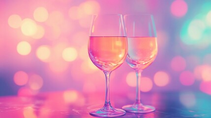 Elegant blurred bokeh lights beside wine glasses creating a romantic atmosphere.