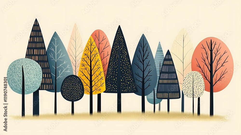 Sticker a stylized illustration of various trees in diverse colors and shapes, set against a light backgroun