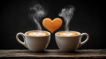 Two cups of coffee on a table with heart shaped foam art in each cup valentine day