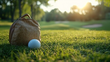 Golf ball and club in a bag resting on lush green grass for a sports theme
