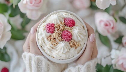 Fototapeta premium Delicious Smoothie Bowl with Whipped Cream, Raspberries, and Granola on a Cozy Background