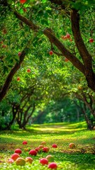 Lush orchard path, red fruit, sunlight, green foliage, nature scene, idyllic